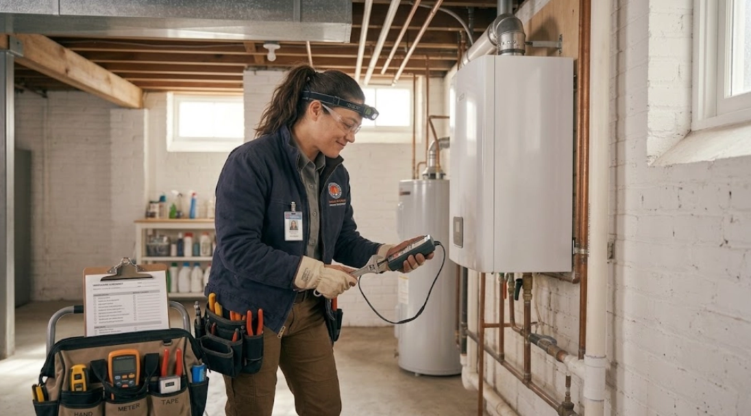 Heating technician diagnosing residential gas heating boiler in Highbridge Bronx