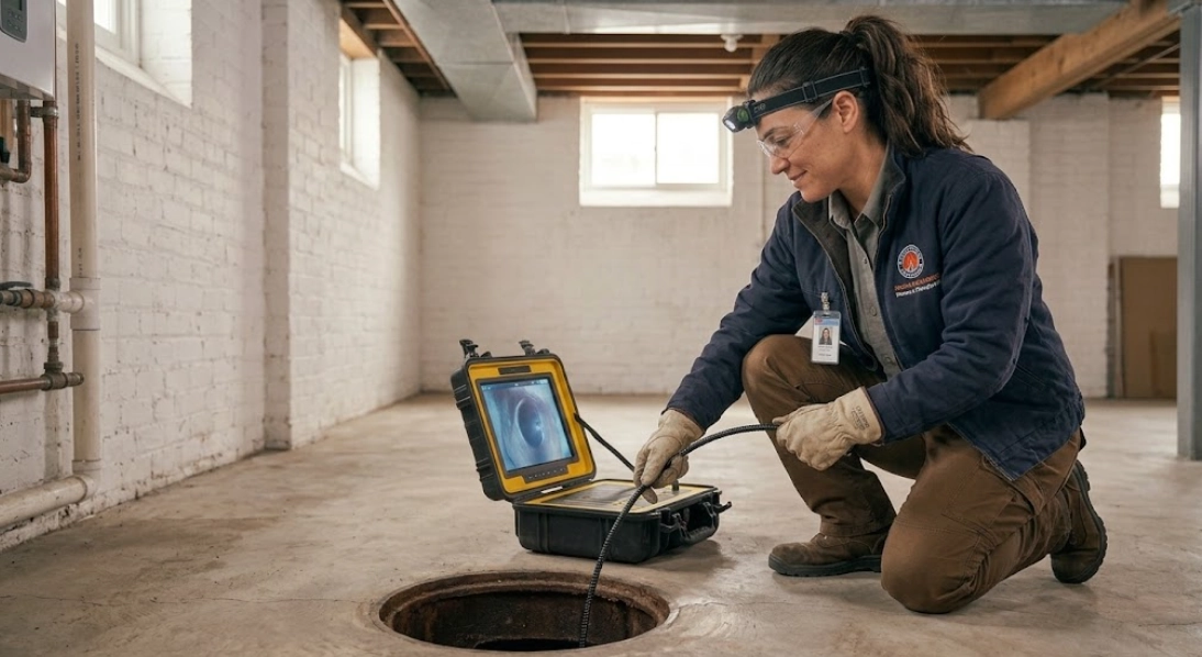 Plumber performing high-definition fiber-optic sewer camera inspection in basement cleanout