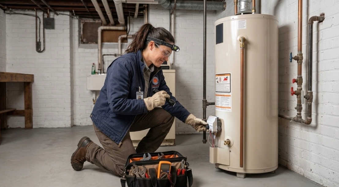 Plumbing technician testing gas water heater control valve and relief assembly